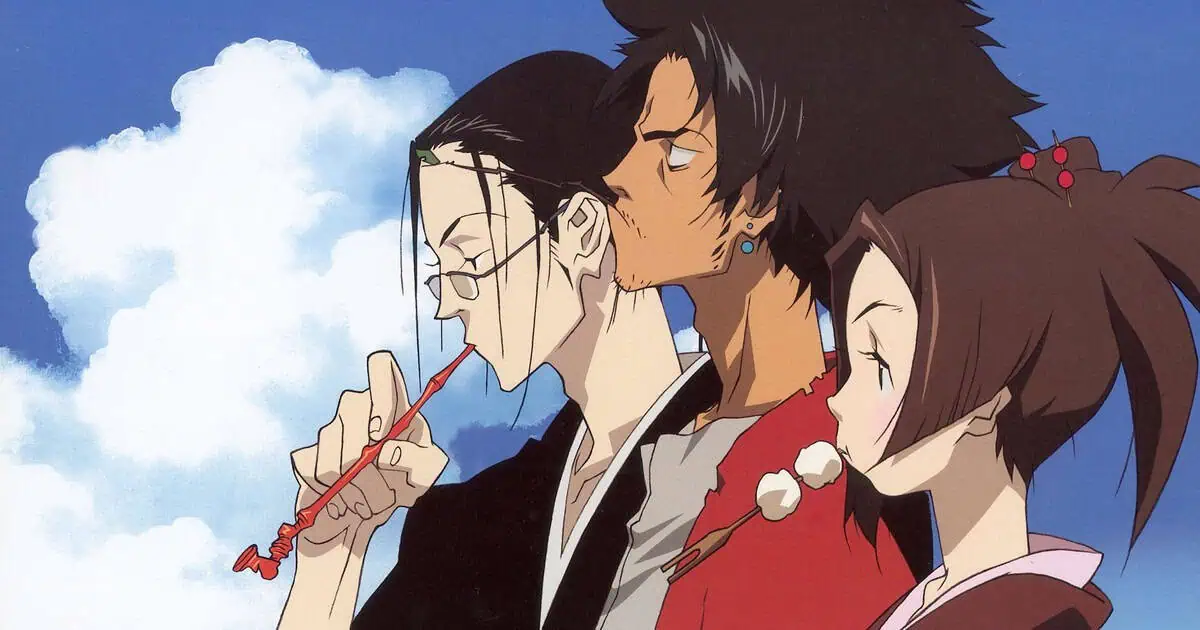 Characters from Samurai Champloo in a serene scene with sky background.