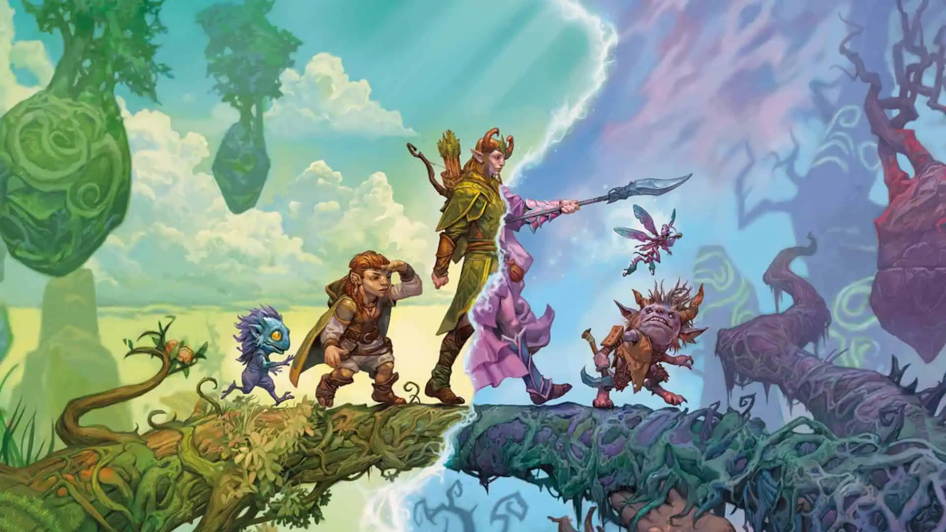 Fantasy characters from Magic: The Gathering on a mystical forest path.