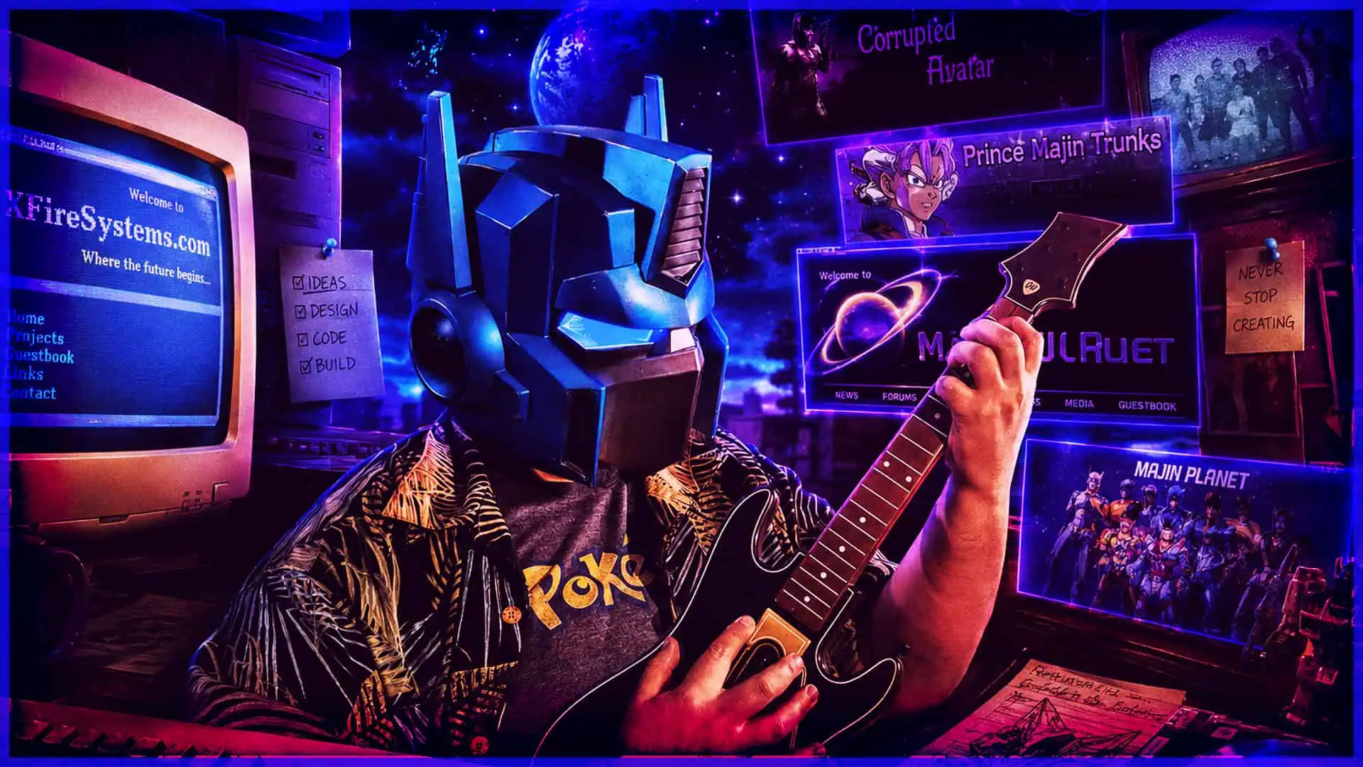 Person wearing a futuristic mask playing guitar in a neon-lit gaming room.
