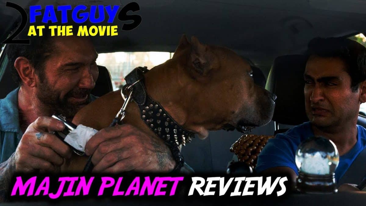 Dog and passengers in a car for Stuber review.