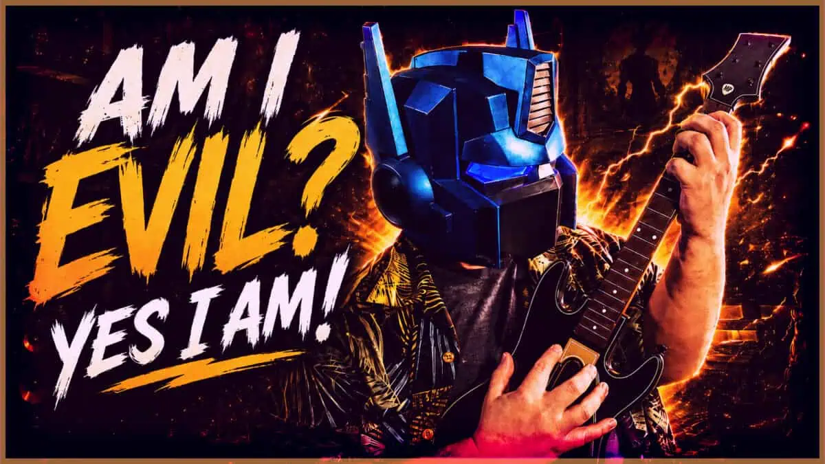 Majin Planet - Evil Mask Guitarist Person wearing a robotic mask playing electric guitar with lightning effects.