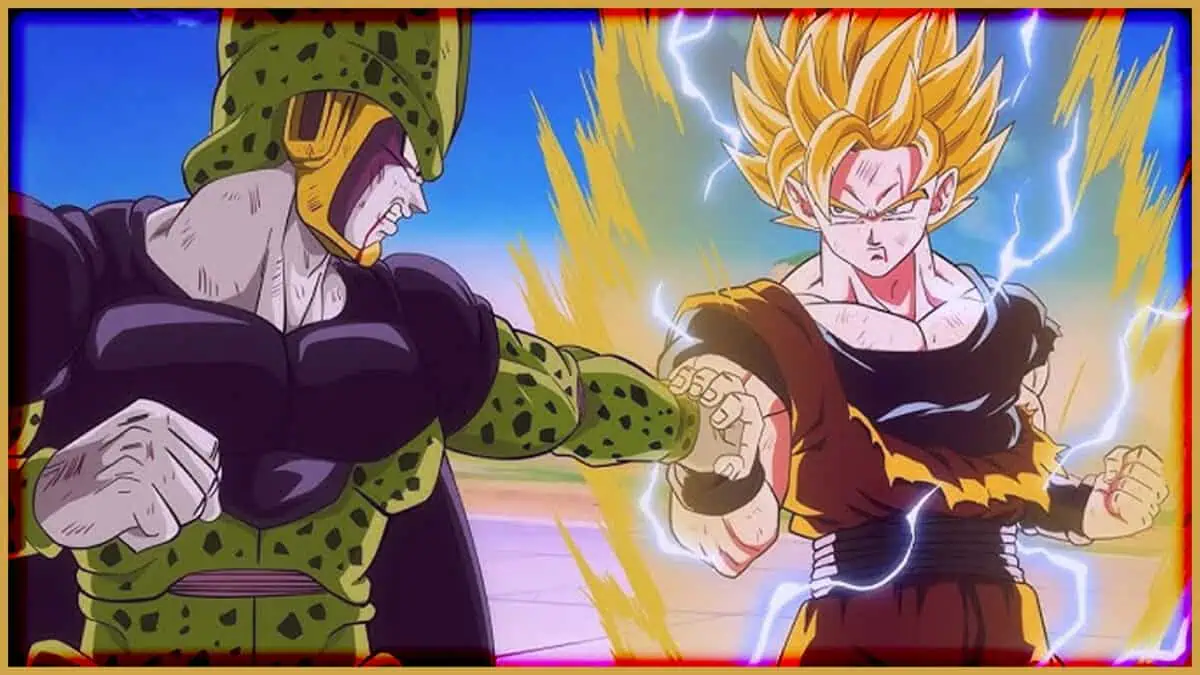 Goku and Cell clash in an epic Dragon Ball Z battle scene.