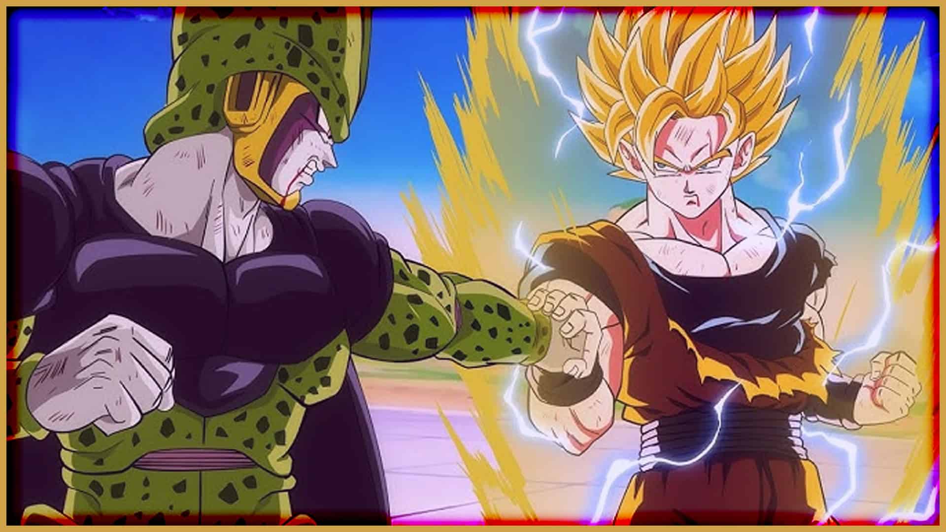 Goku and Cell clash in an epic Dragon Ball Z battle scene.