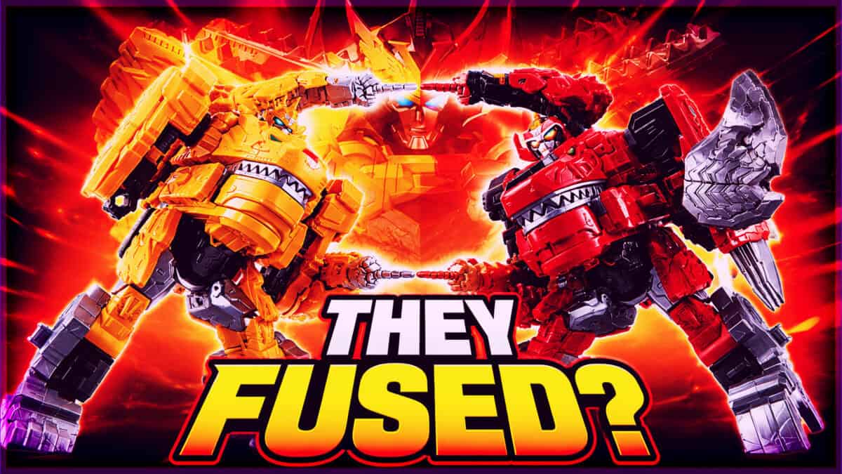 Epic Transformers fusion battle with yellow and red robots in action.