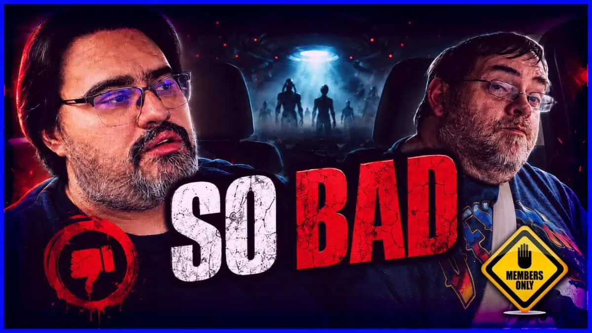 So Bad Movie Poster Two men in a car with a sci-fi scene outside the window for So Bad movie.
