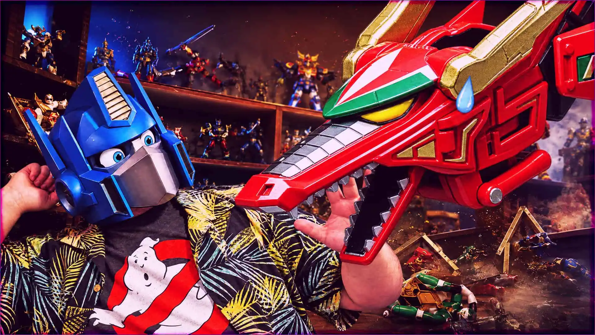 Child wearing a blue robot mask holding a red dragon mask in a toy battle scene.