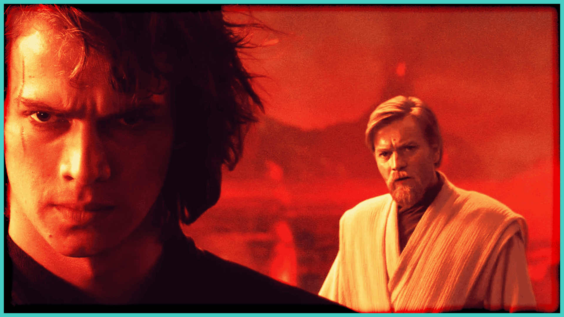 Darth Vader and Obi-Wan Kenobi facing off in a fiery background.
