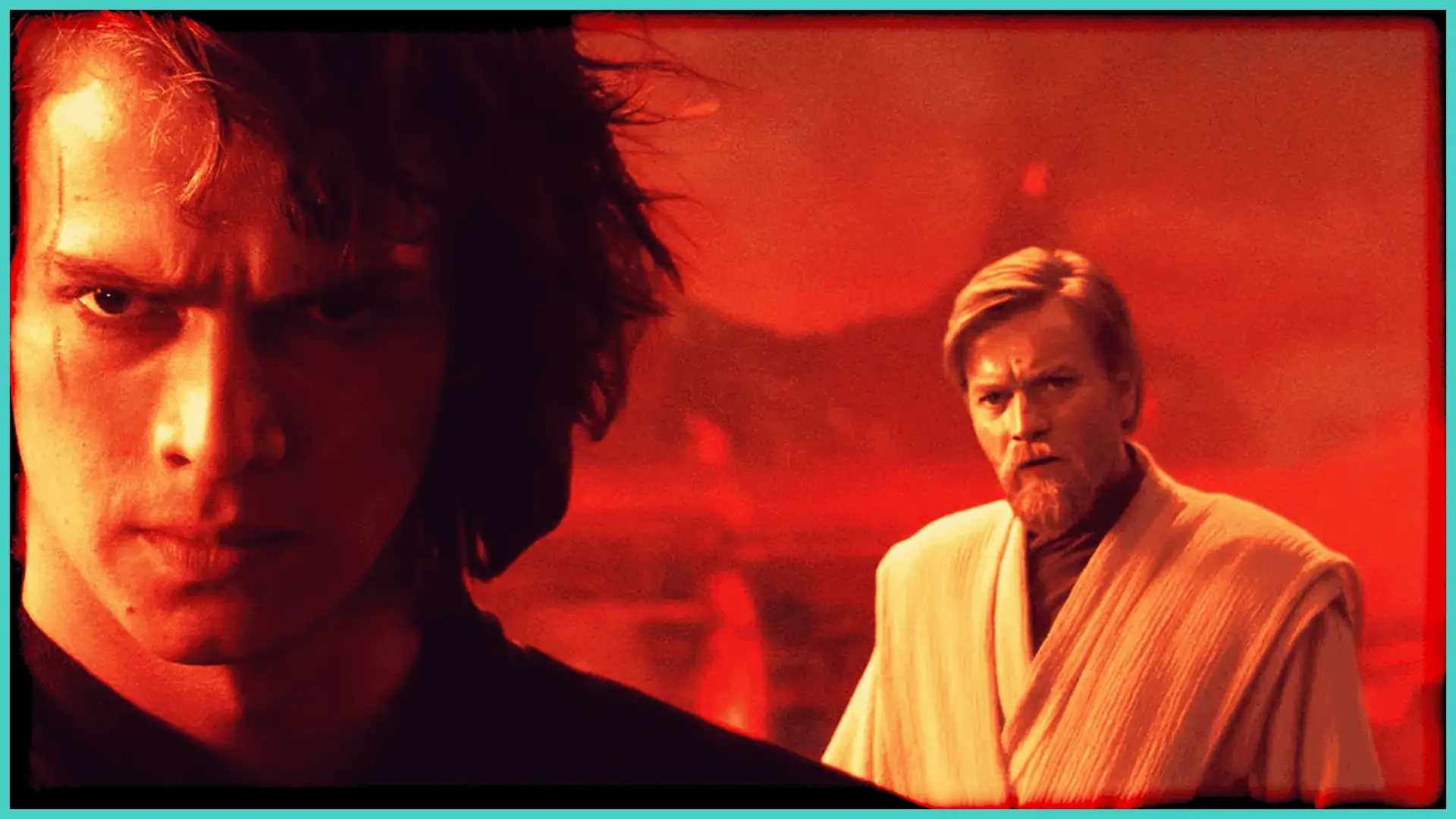Darth Vader and Obi-Wan Kenobi facing off in a fiery background.