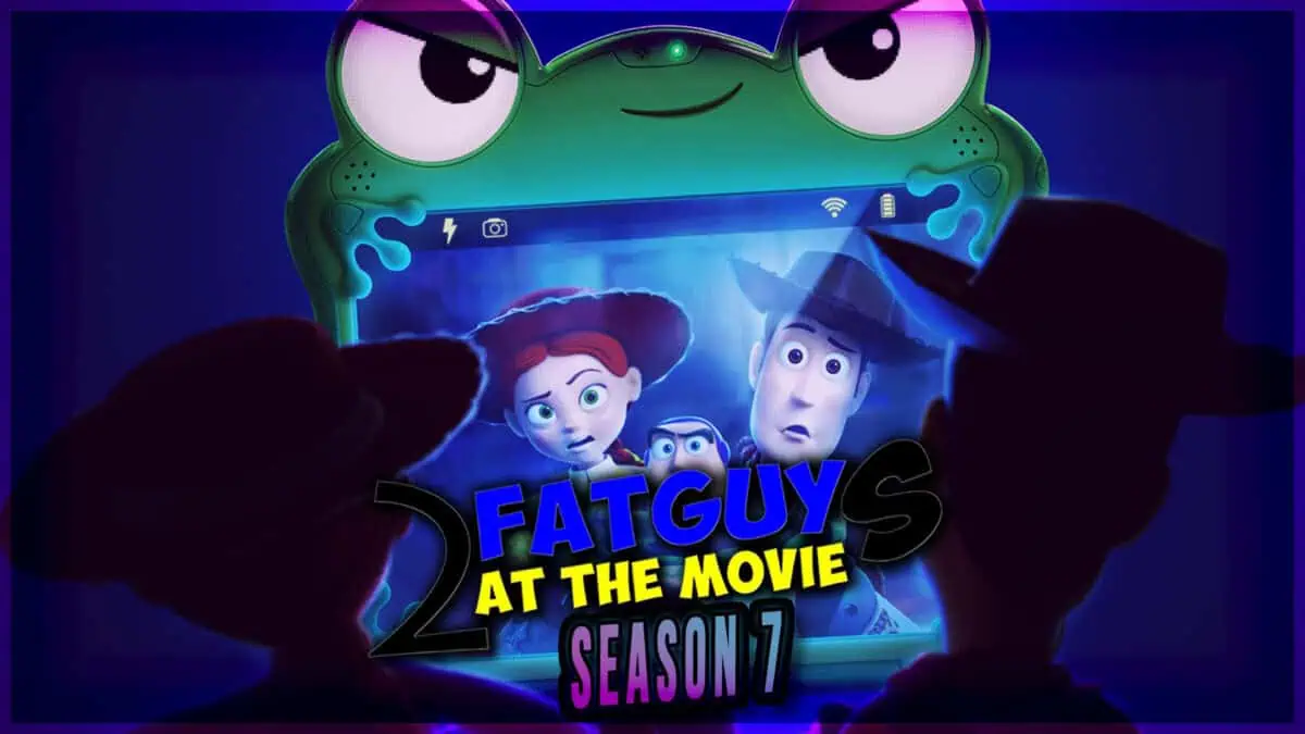 Fat Guy at the Movie Season 7 Animated characters taking a selfie with a large cartoon frog in the background.