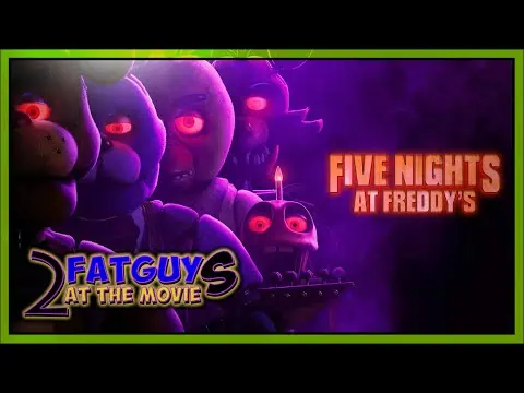 Five Nights at Freddy's characters with glowing eyes and Fat Guy at the Movie logo.