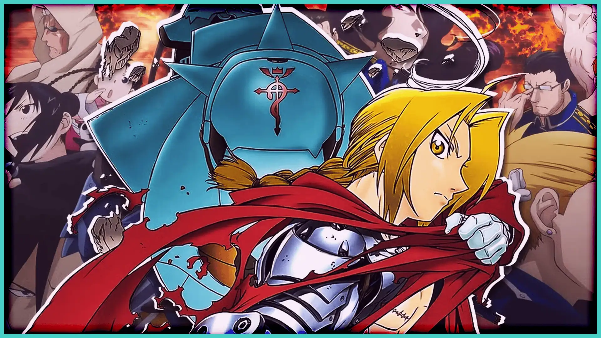 Anime characters from Fullmetal Alchemist Brotherhood in dynamic action pose.