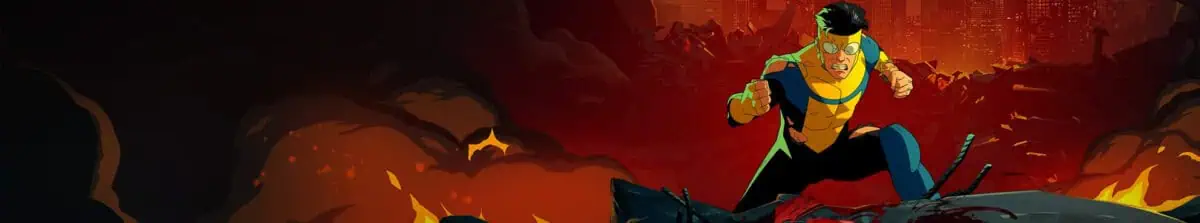 Majin Planet - Invincible Scene Animated character from Invincible in a fiery landscape with destruction around.