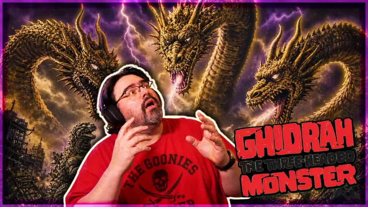 Image of Ghidorah, the three-headed dragon, with lightning in the background.