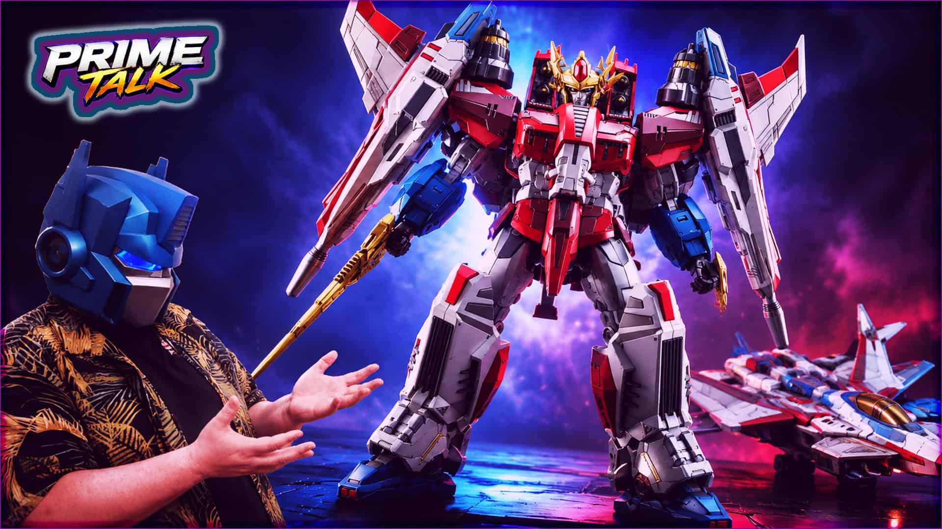 Large red, white, and blue robot figure with wings and weapons.