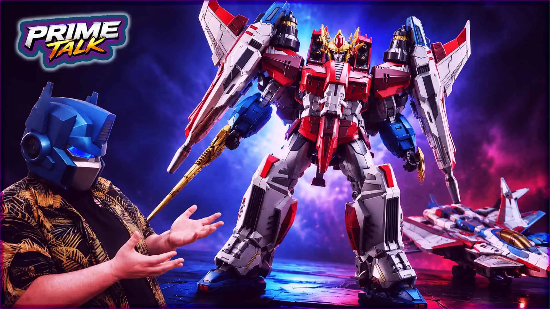 Large red, white, and blue robot figure with wings and weapons.