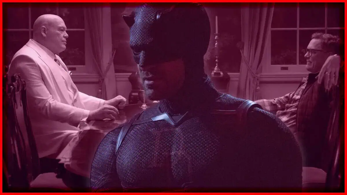 Daredevil character from Marvel in a tense scene at a dinner table.