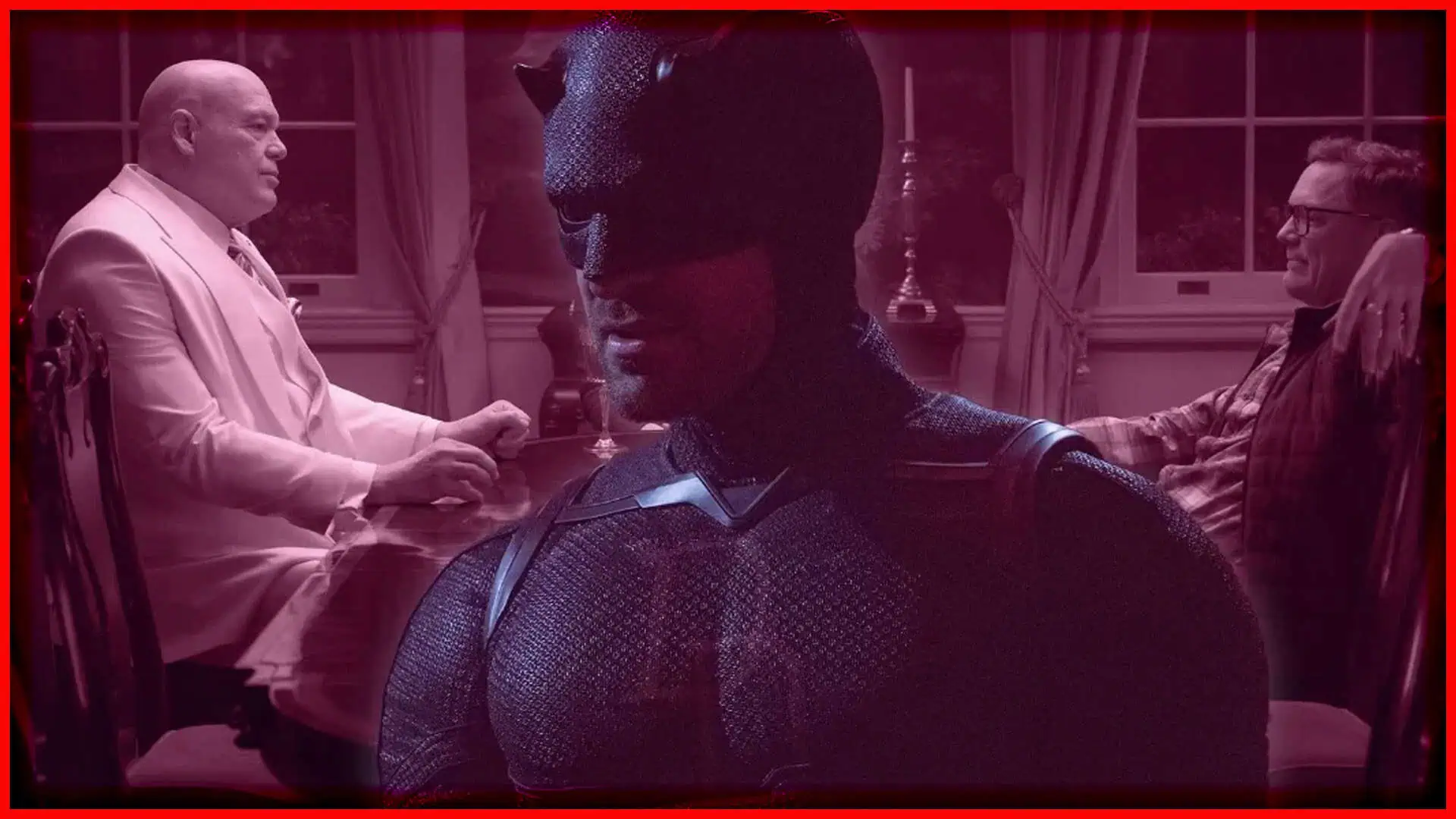 Daredevil character from Marvel in a tense scene at a dinner table.