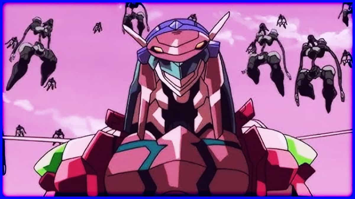 High-tech mecha robot with flying insect-like enemies in a vibrant pink sky background.