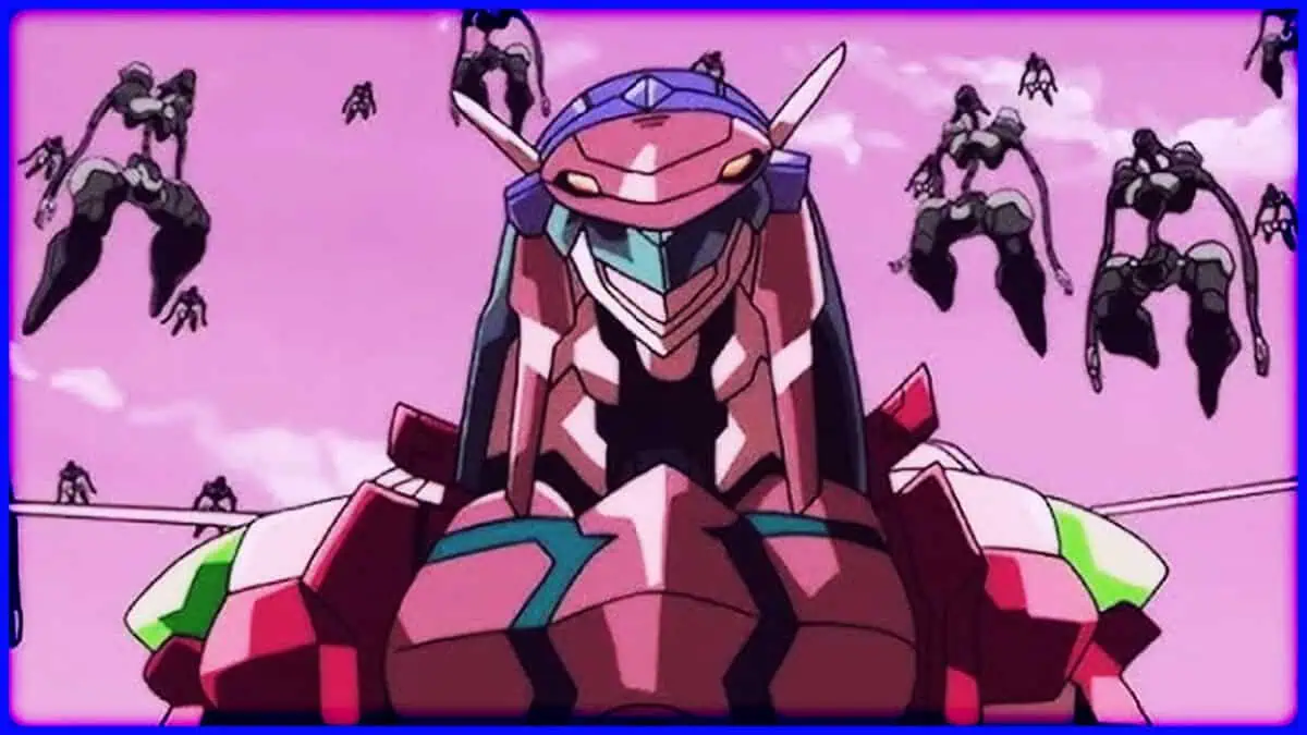 High-tech mecha robot with flying insect-like enemies in a vibrant pink sky background.
