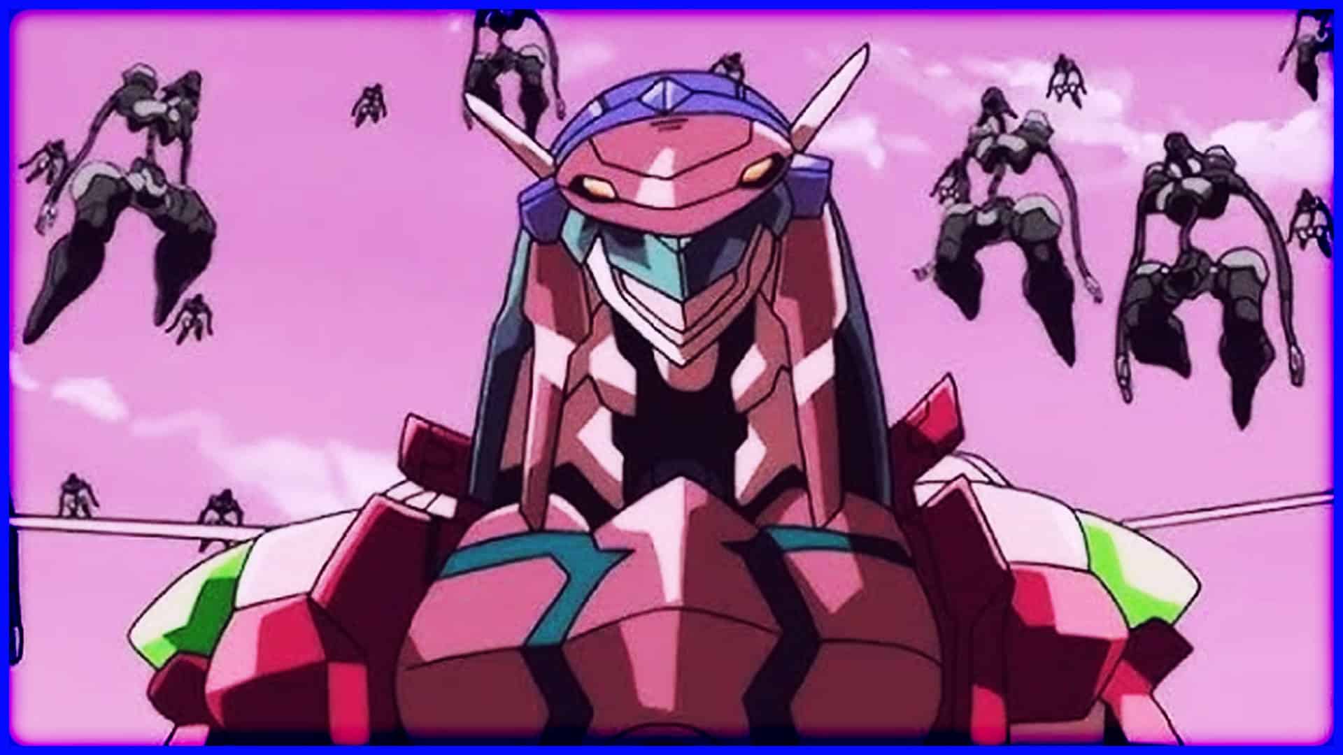 High-tech mecha robot with flying insect-like enemies in a vibrant pink sky background.