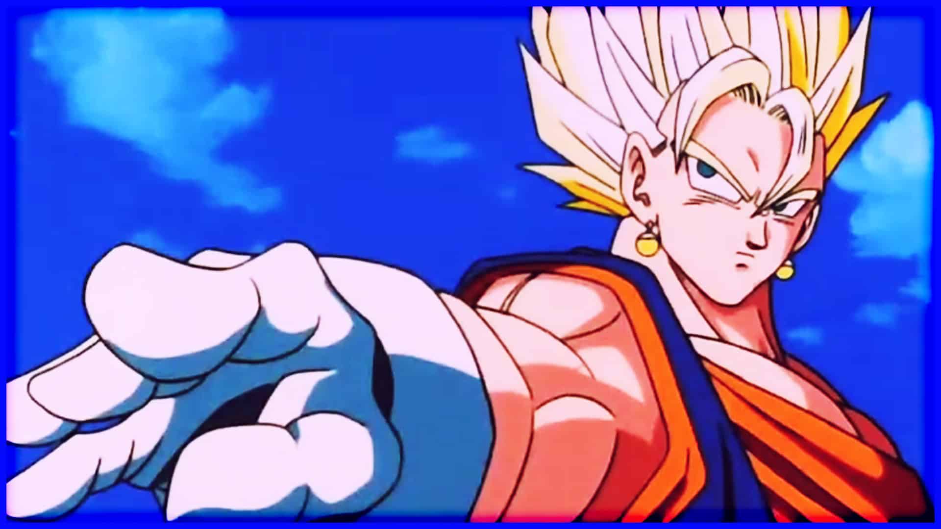 Goku in Super Saiyan Blue form from Dragon Ball Z, reaching for power.