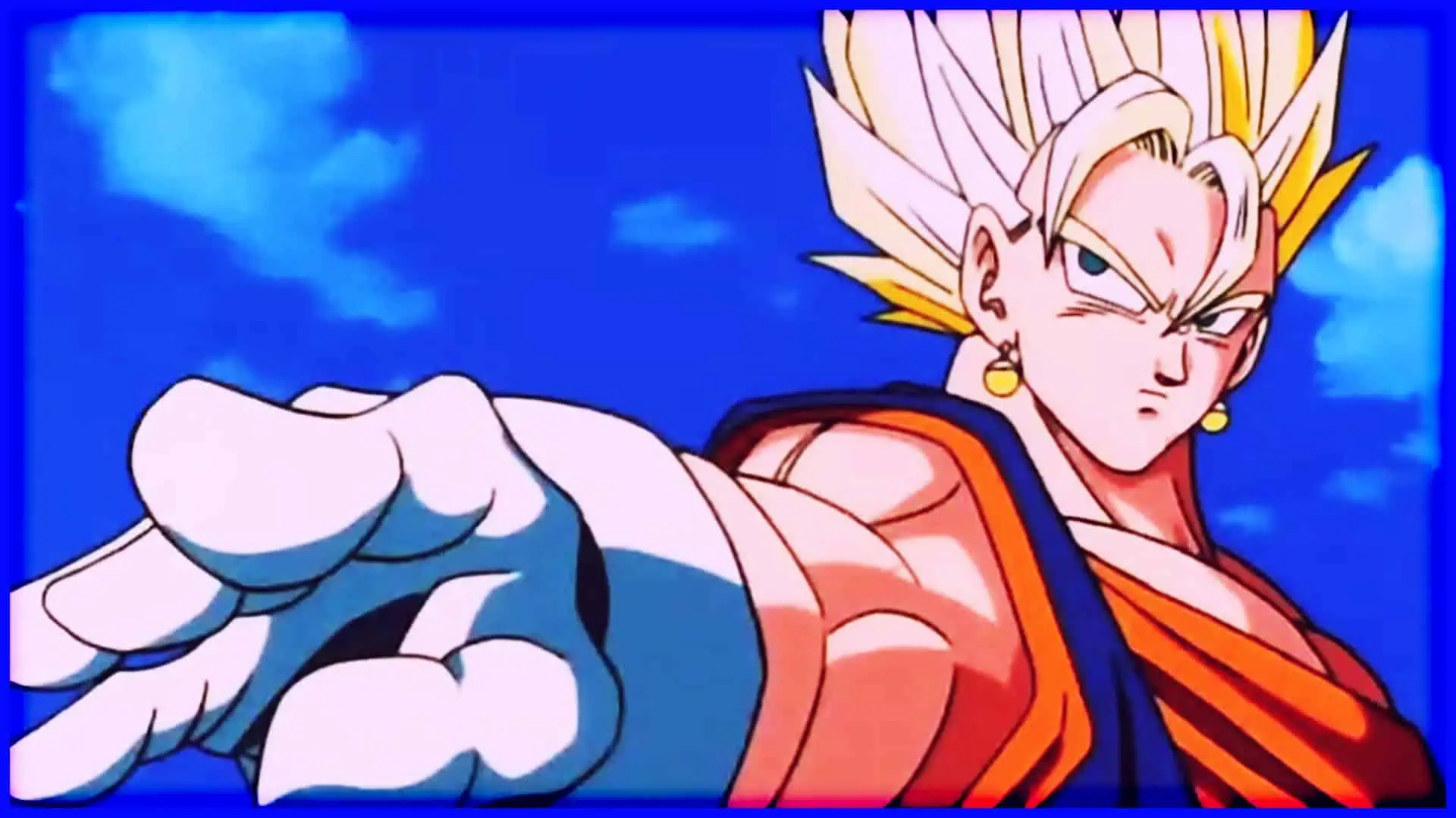 Goku in Super Saiyan Blue form from Dragon Ball Z, reaching for power.