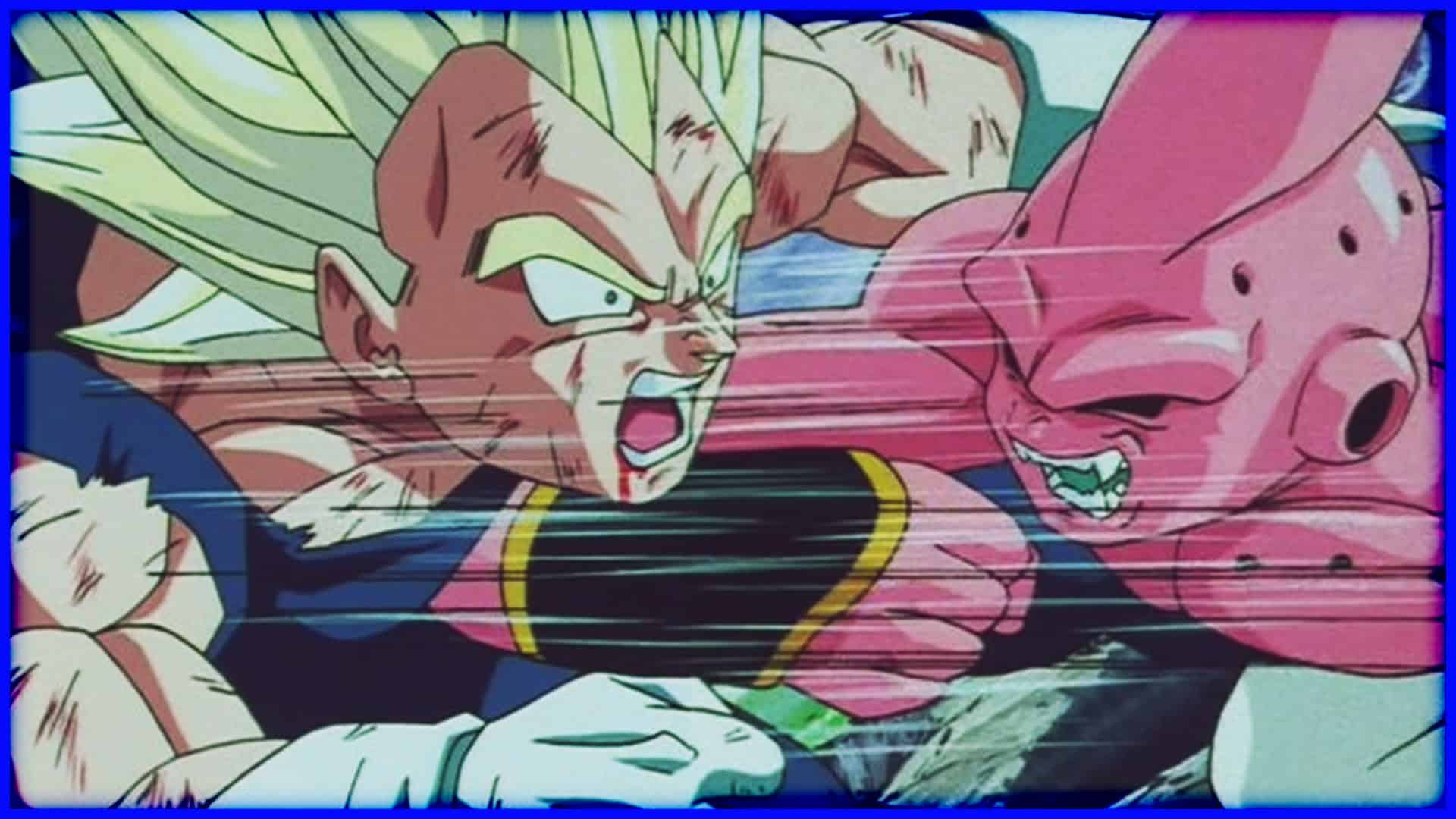 Vegeta and Majin Buu clash in an intense Dragon Ball Z fight scene.