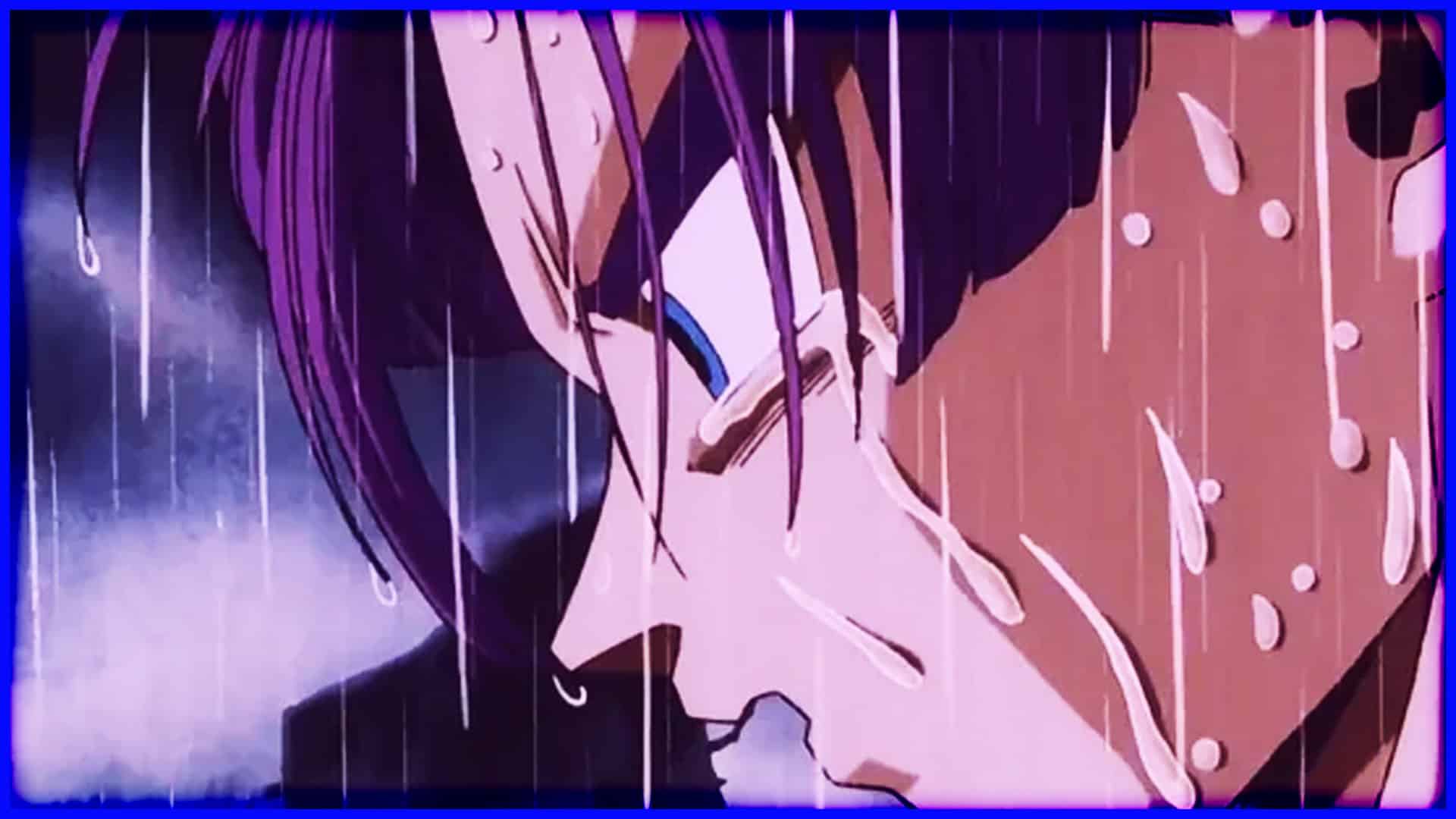 Close-up of anime character with purple hair and tears in rain.