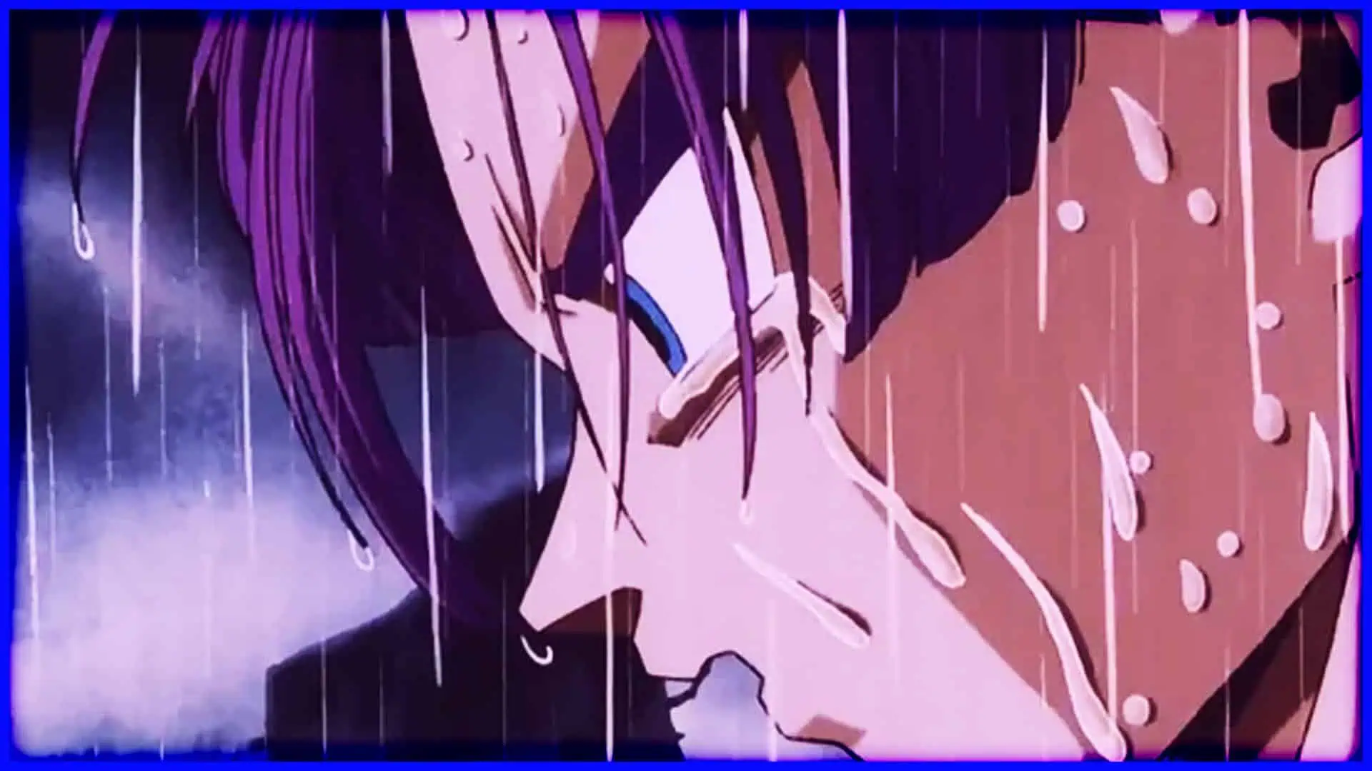 Close-up of anime character with purple hair and tears in rain.