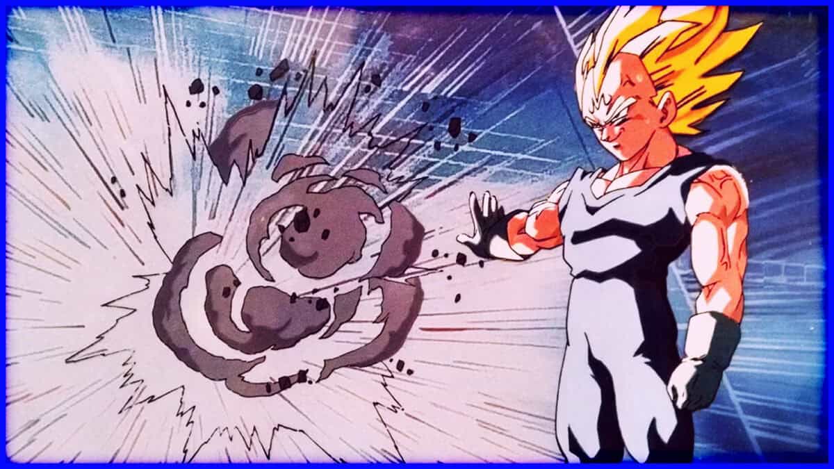 Goku in Super Saiyan form battles Kid Buu with energy blast in Dragon Ball Z scene.