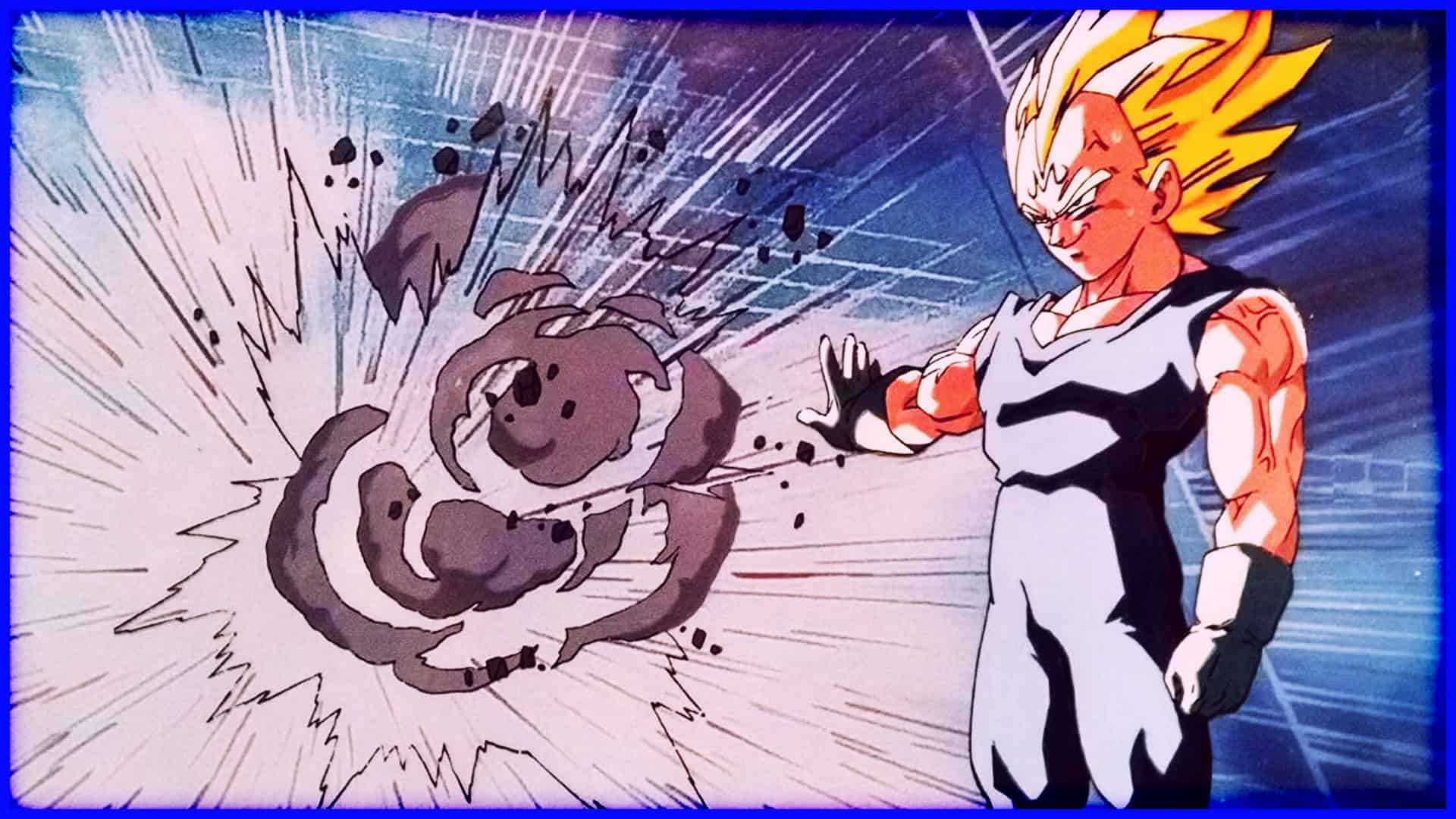Goku in Super Saiyan form battles Kid Buu with energy blast in Dragon Ball Z scene.