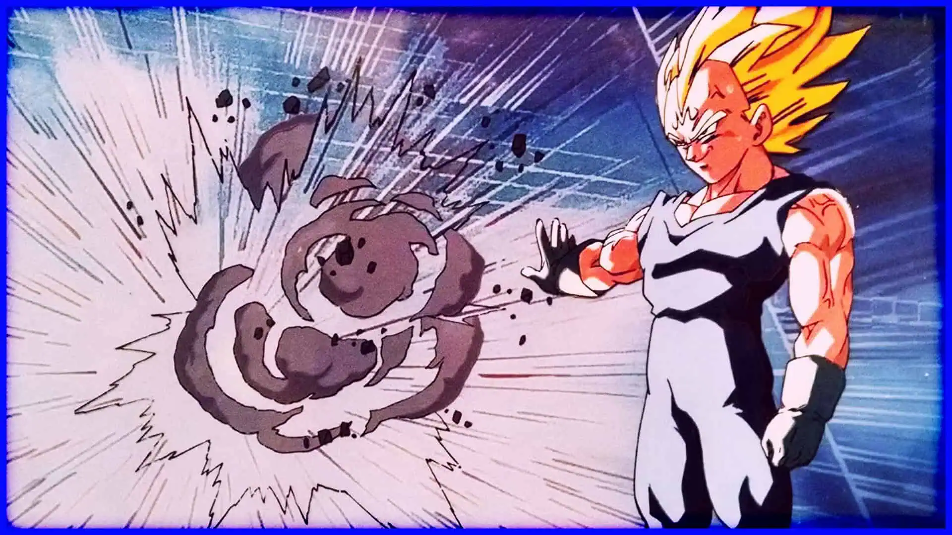 Goku in Super Saiyan form battles Kid Buu with energy blast in Dragon Ball Z scene.