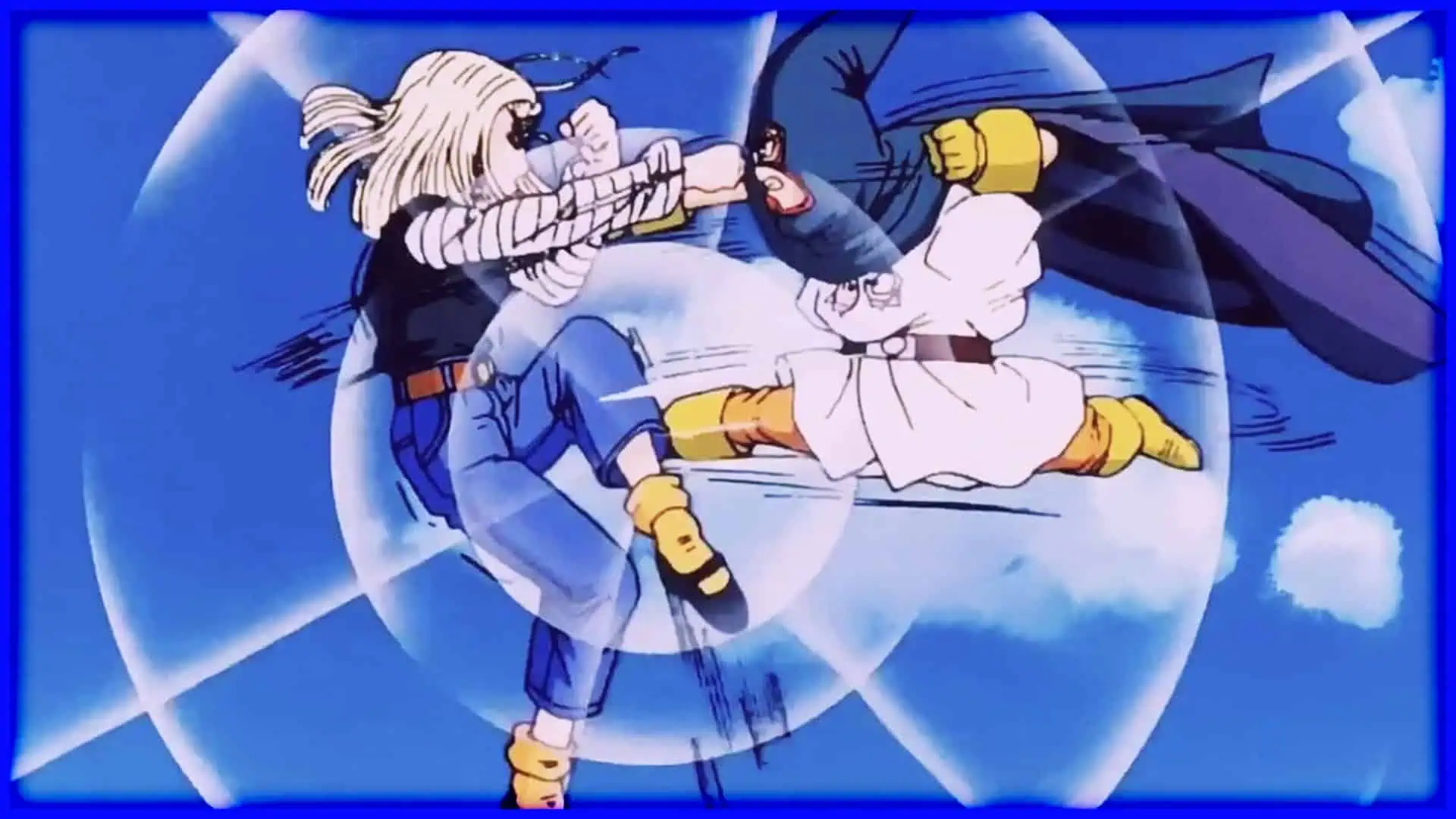 Goku and Kid Buu clash in an intense battle in the sky.