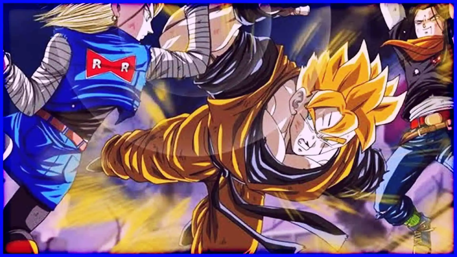 Goku Super Saiyan in intense battle with friends, showcasing power and energy.