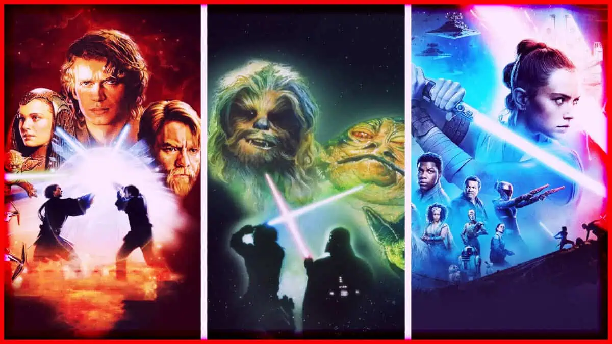 Iconic Star Wars movie posters featuring main characters and scenes.