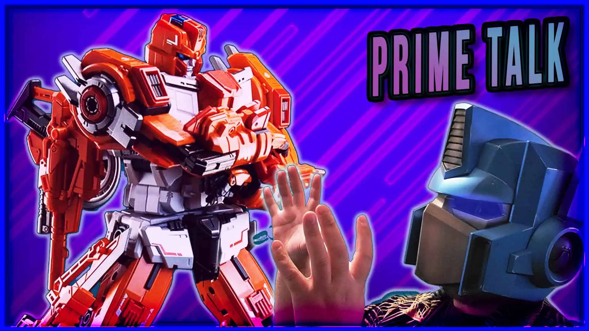 An action figure of a robot from Transformers with a human hand reaching out.