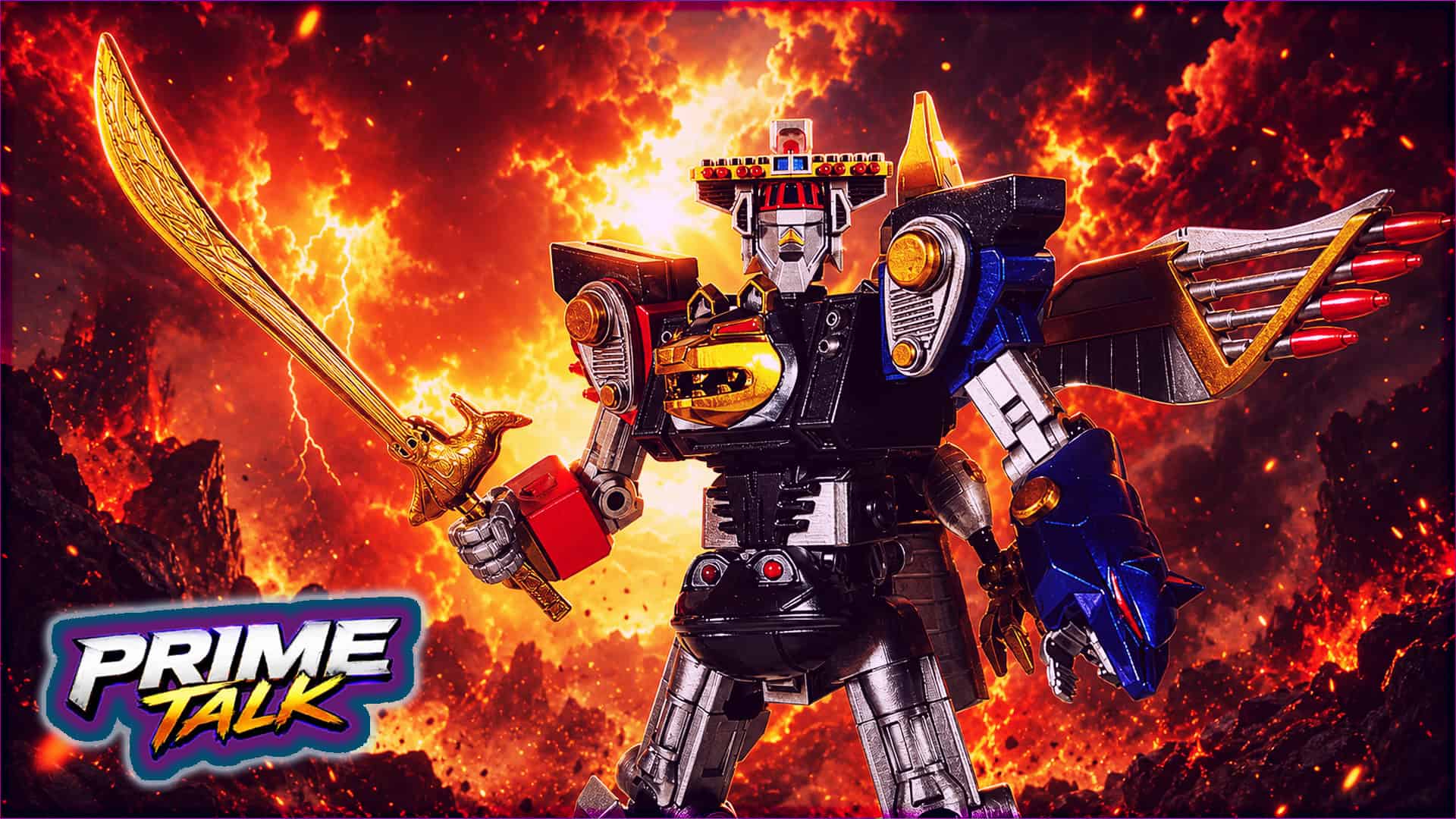 Power Rangers Megazord toy from 1995 with fiery background.