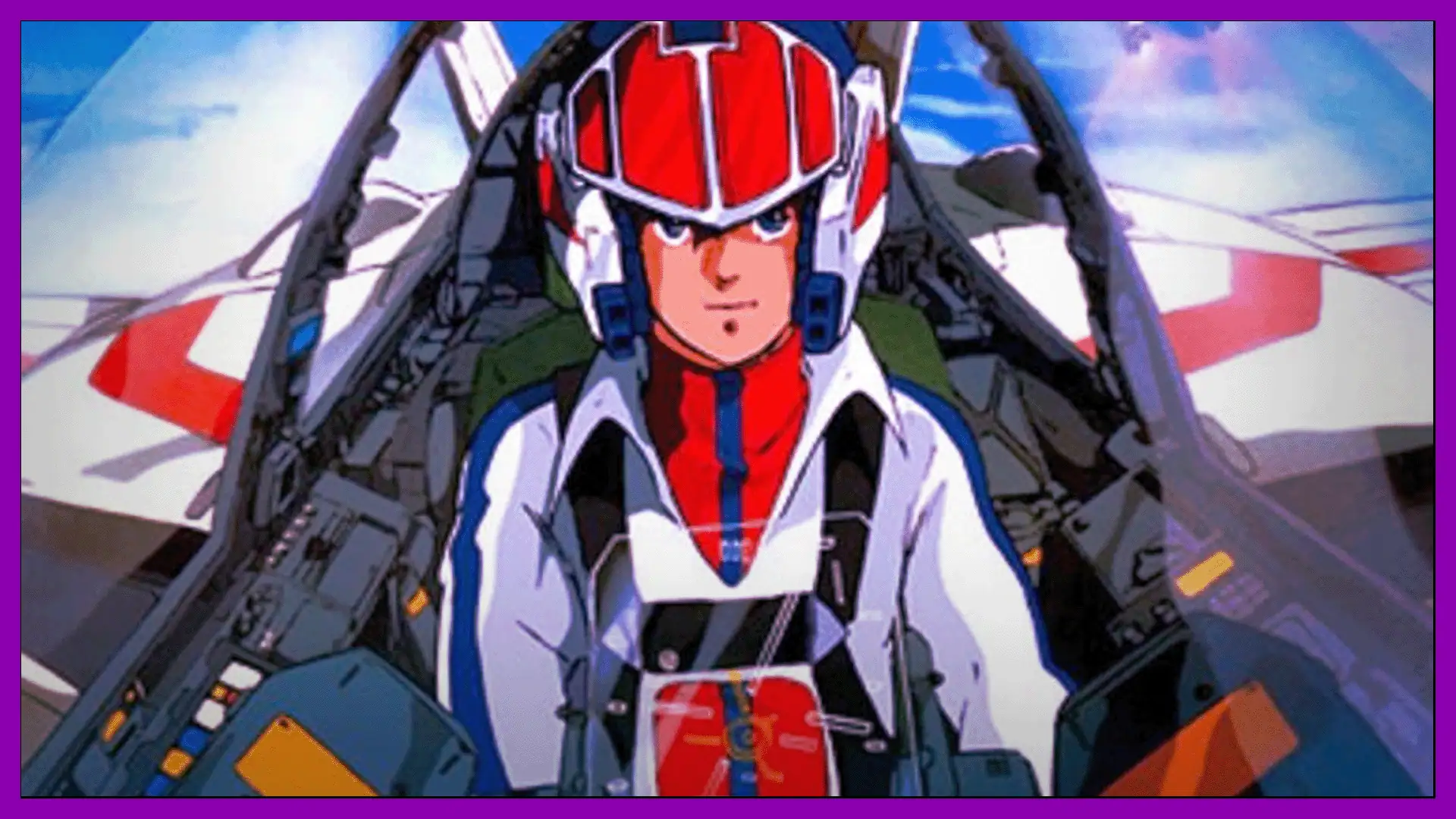 Robotech pilot preparing for flight in fighter jet cockpit.