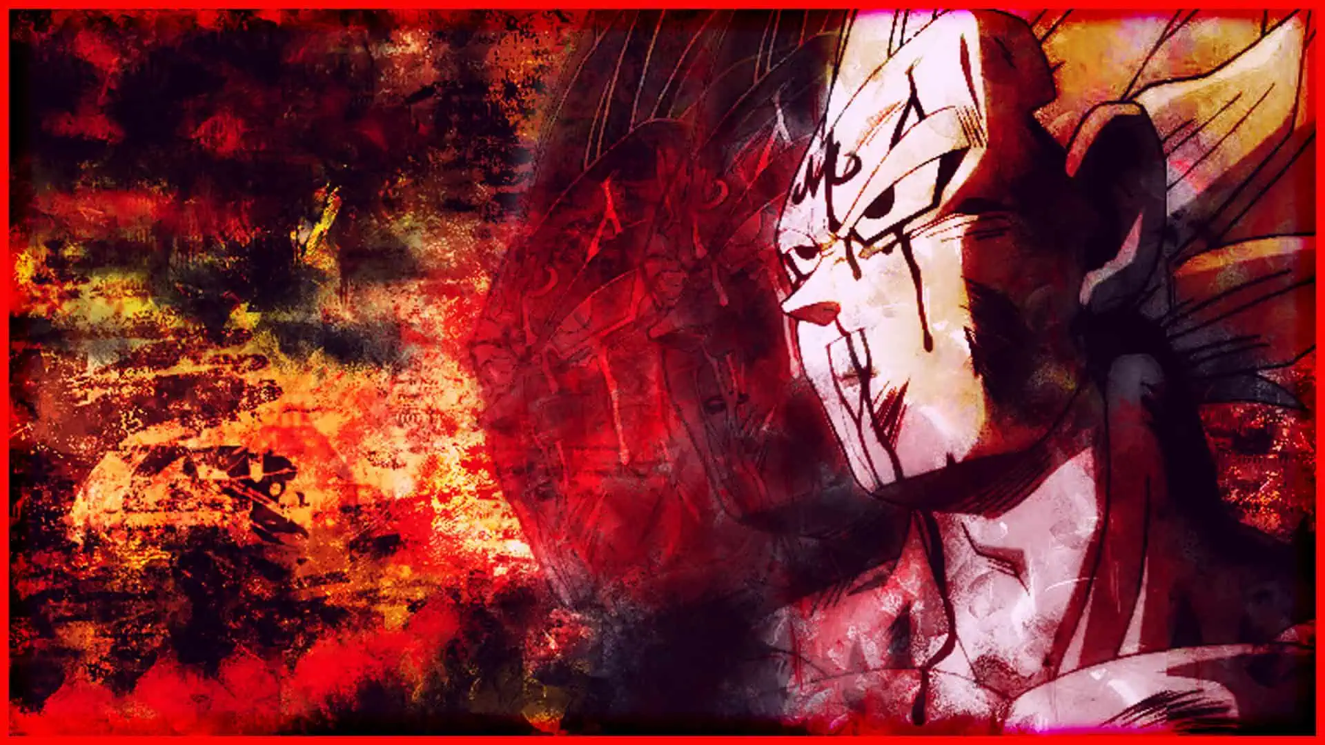 Artistic depiction of Majin from Dragon Ball with fiery background.