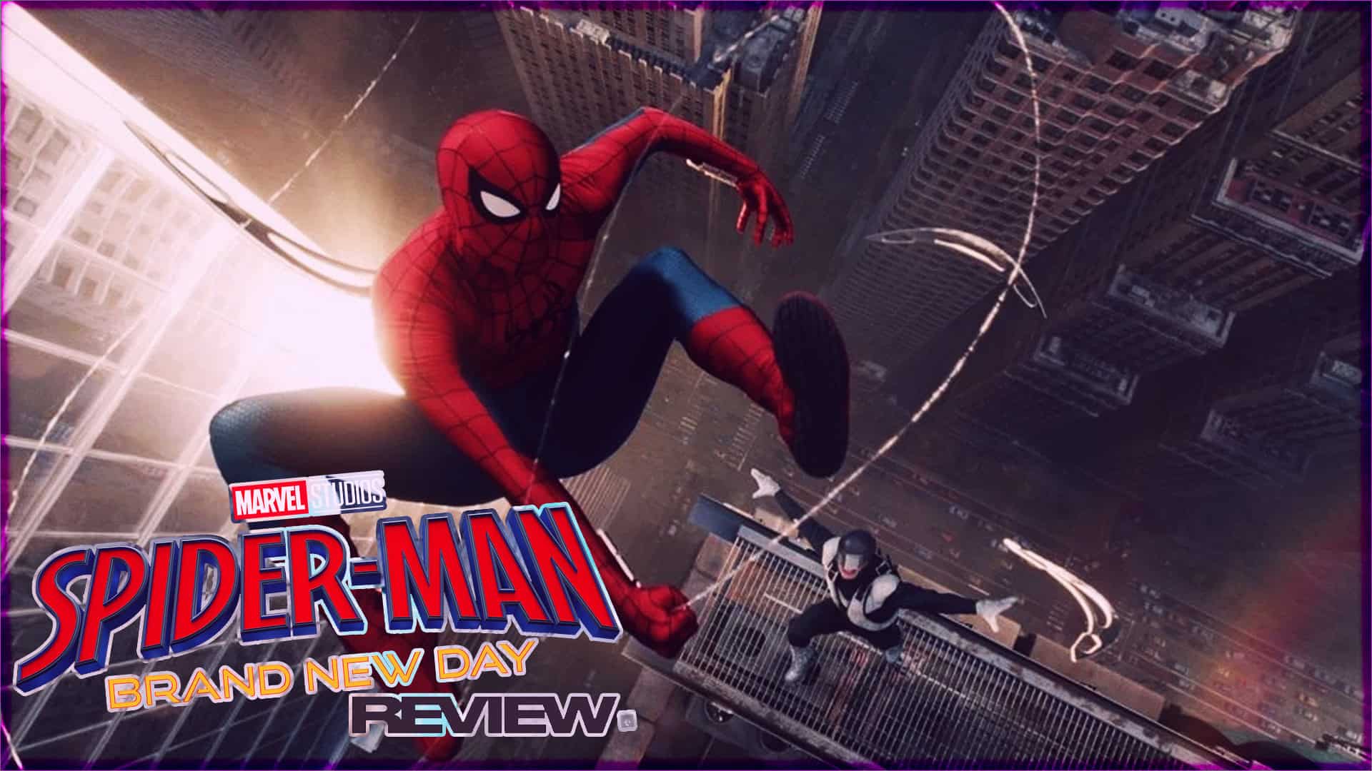 Spider-Man in action swinging between skyscrapers in New York City.