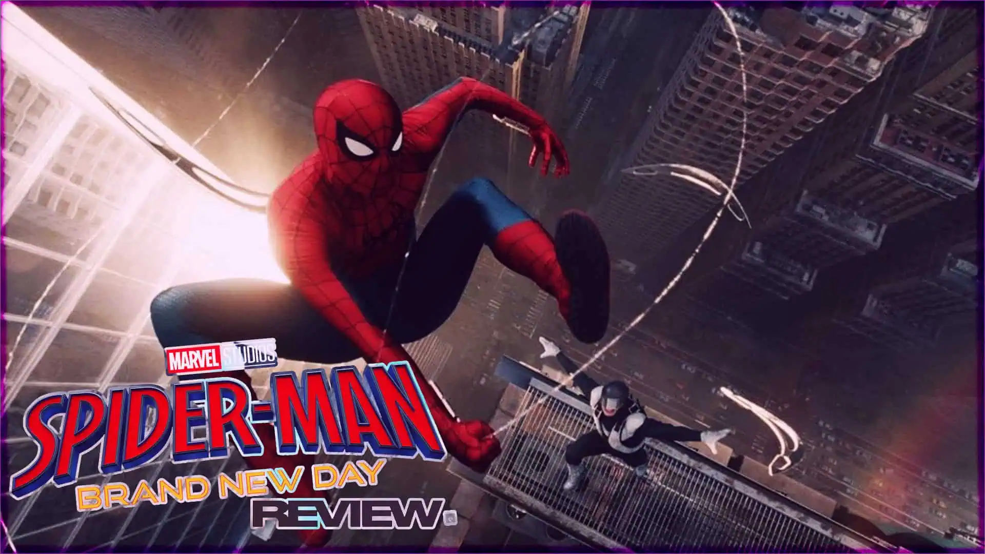 Spider-Man in action swinging between skyscrapers in New York City.