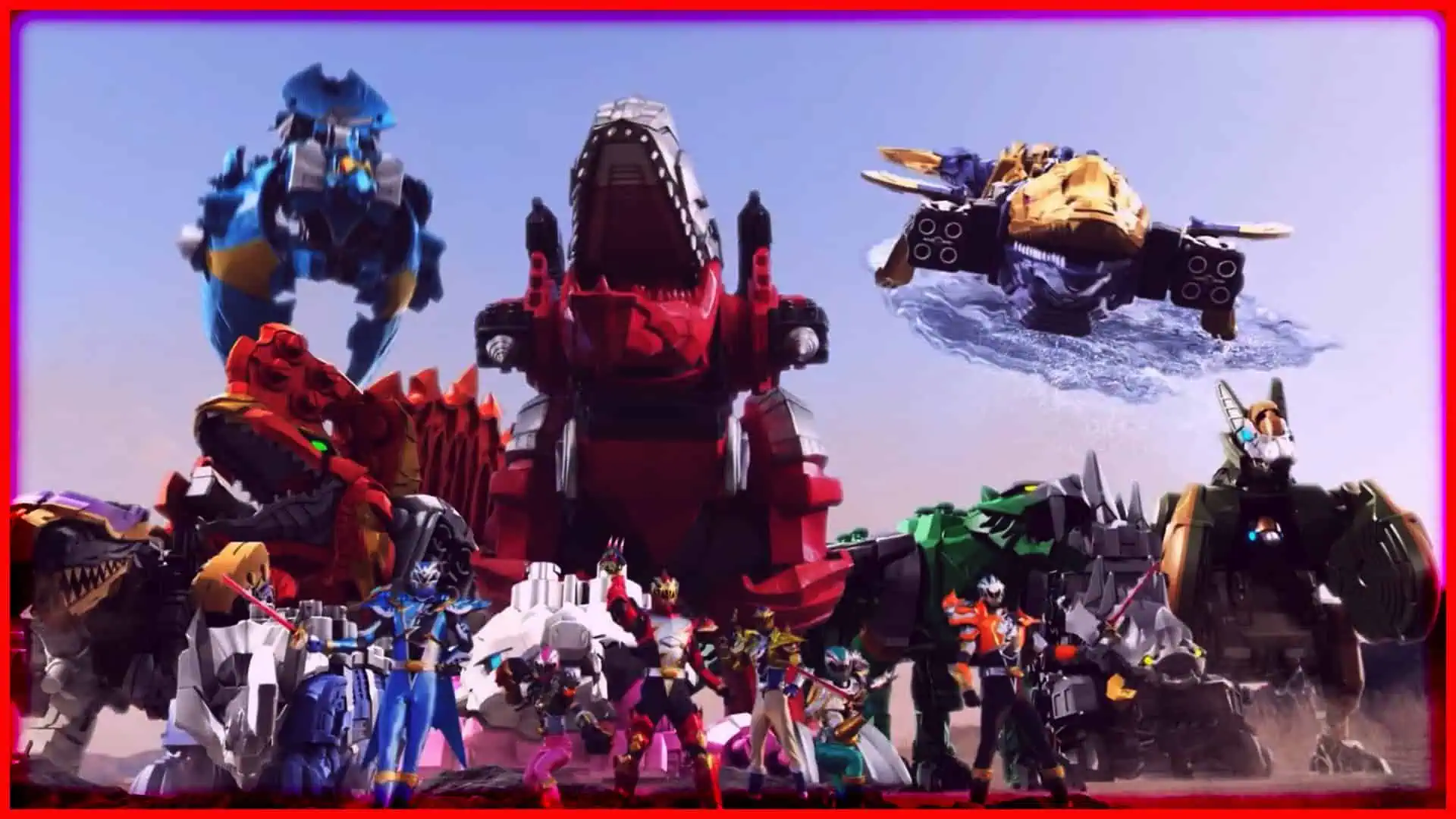 Colorful Super Sentai mechas in action with detailed robot designs and vibrant colors.