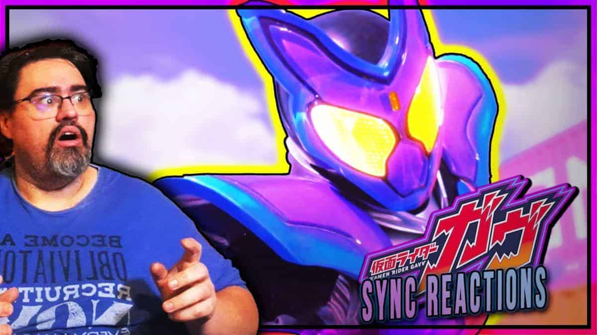 Man reacting to Kamen Rider Gavv in a colorful scene from Episode 1.
