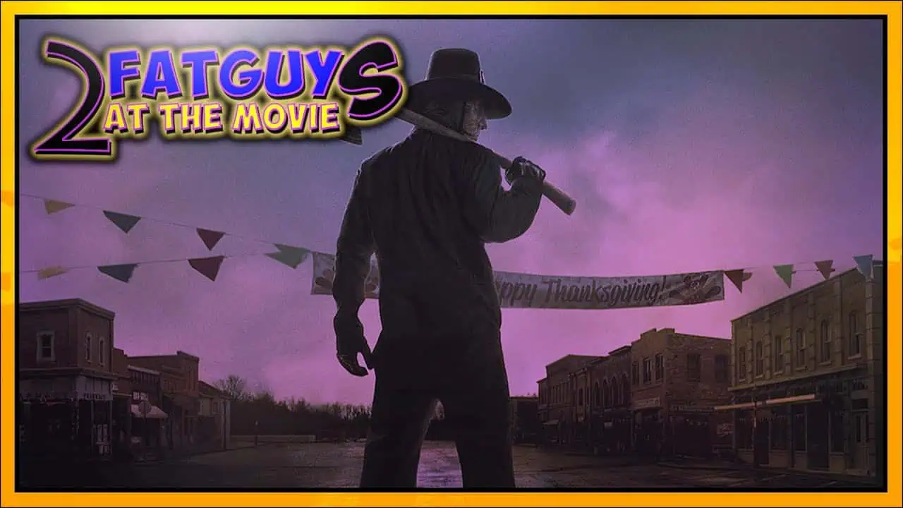 Silhouette of a man with a hat holding a bat in a spooky town setting.