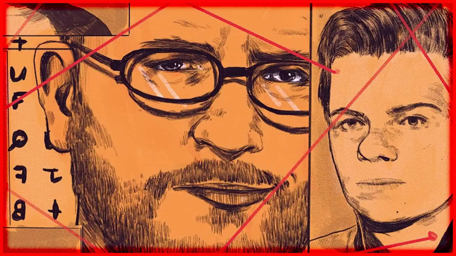 Close-up of illustrated faces of two men, one with glasses, in a detailed sketch style.