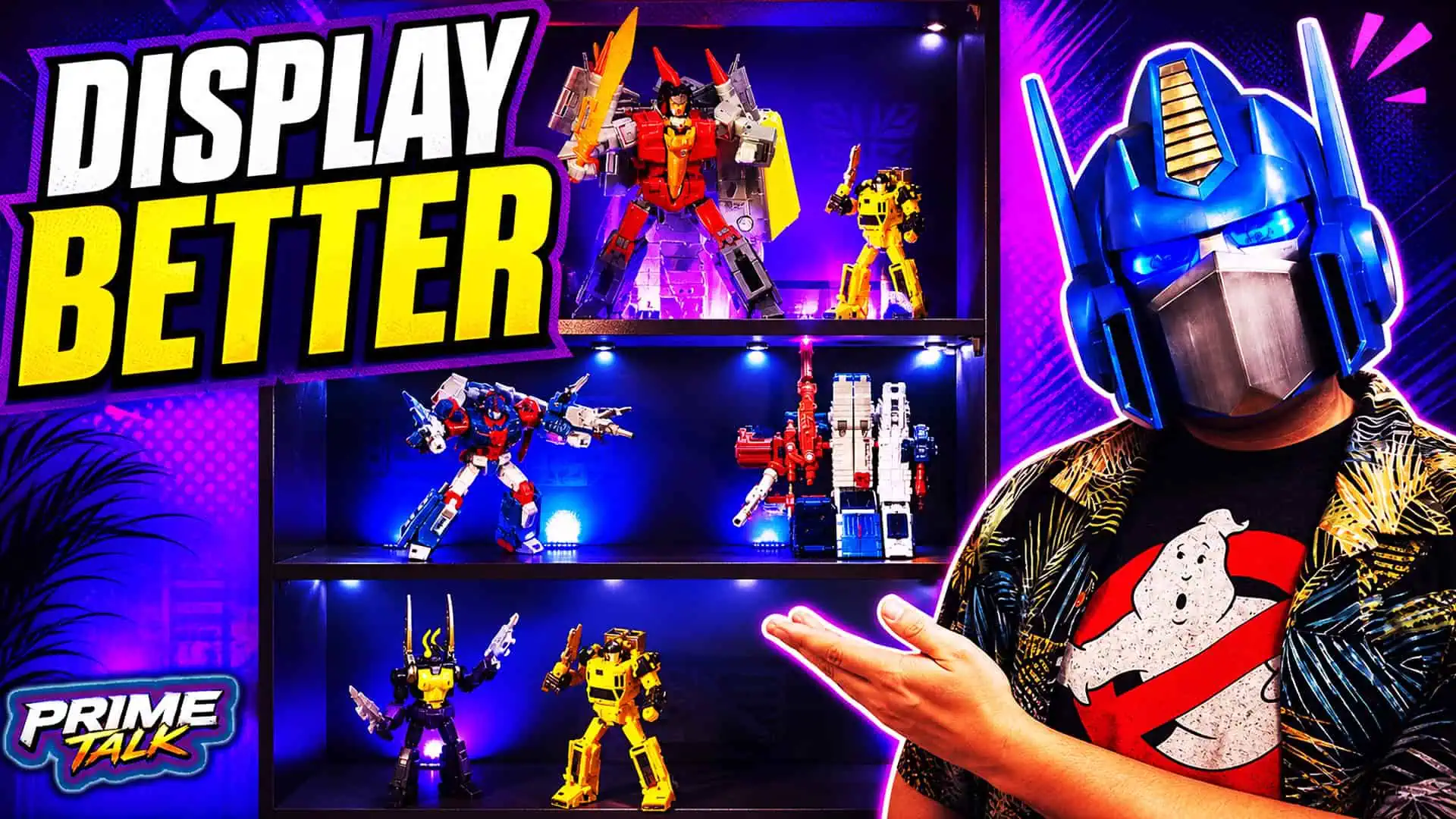 Collection of detailed toy robots displayed on shelves with vibrant lighting.