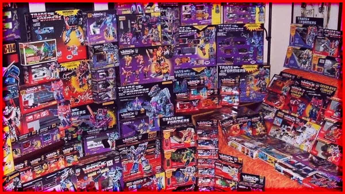 Extensive collection of Transformers action figures and toys on display.