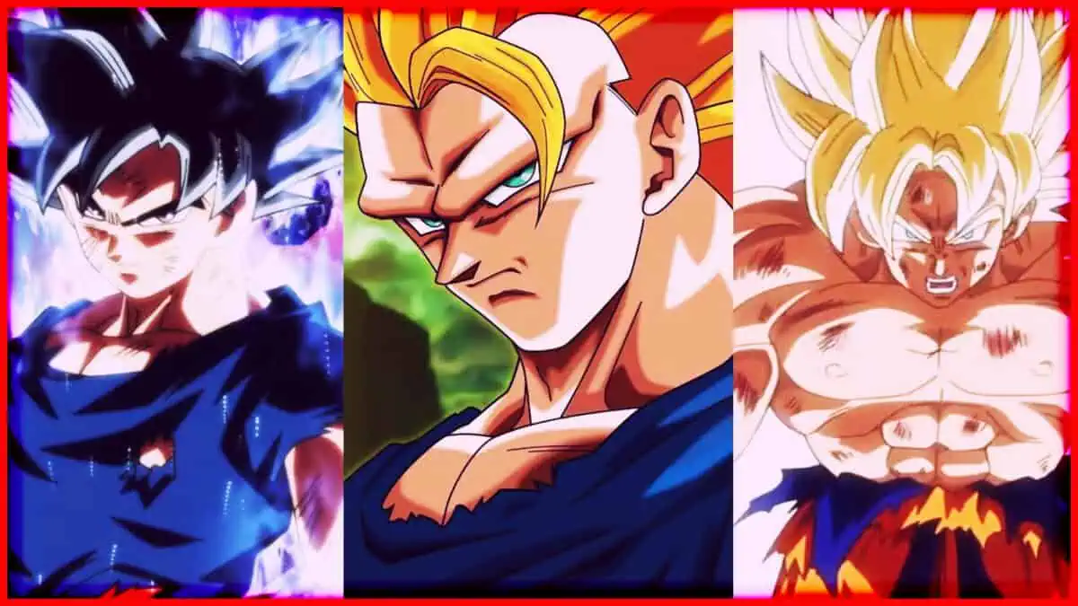 Dragon Ball characters Goku, Vegeta, and Gohan in powerful transformation scenes.