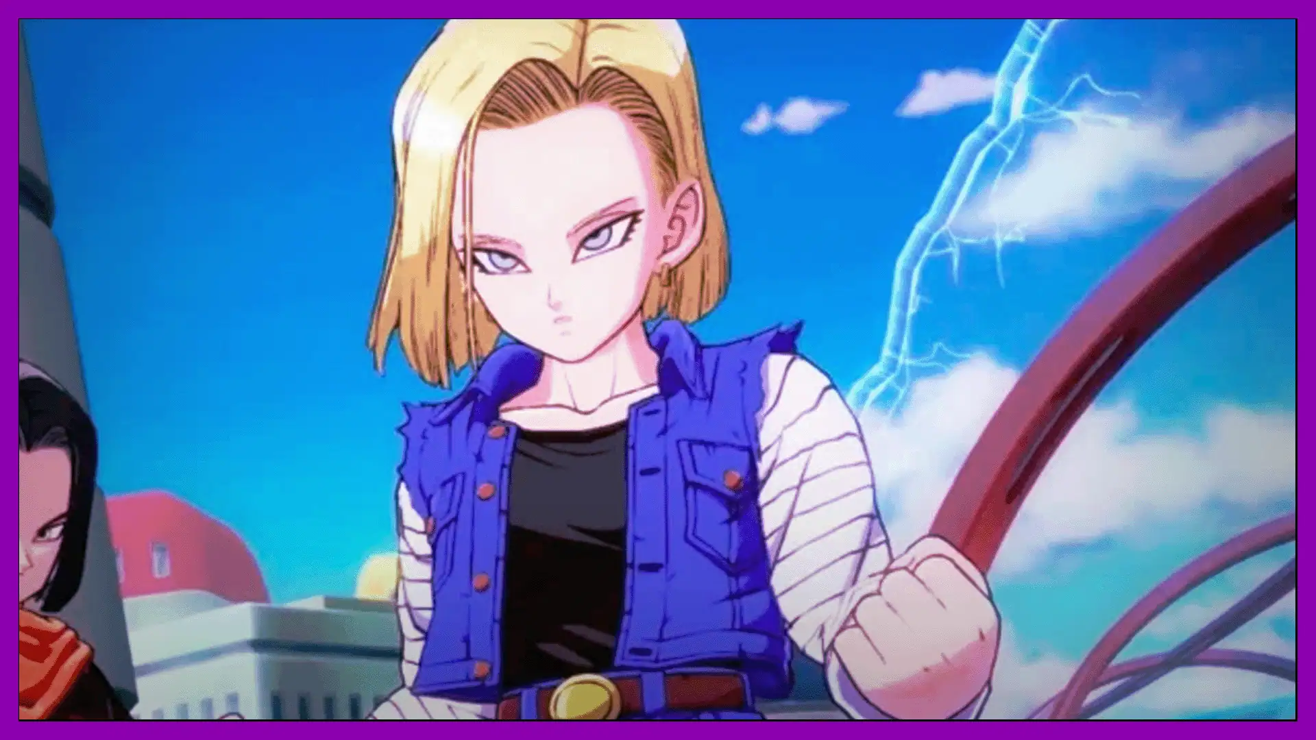 Turankusu from Majin Planet, showcasing her determined expression and lightning background.