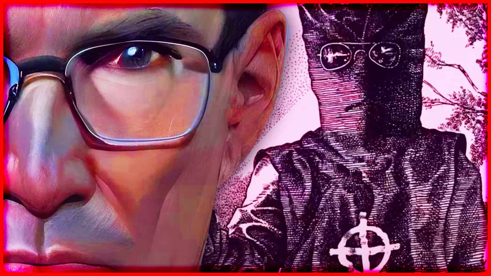 Close-up of a man with glasses and a masked figure with a crosshair symbol.